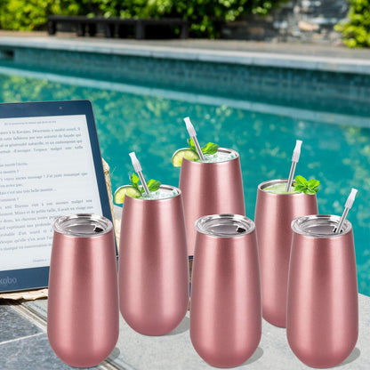 Lifecapido 6 Pack Stemless Double Insulated Champagne Flute Tumbler with Lid, 6 Oz Unbreakable Reusable Cocktail Champagne Toasting Glasses, Good Gift for Friends Family Christmas Birthday, Rose Gold