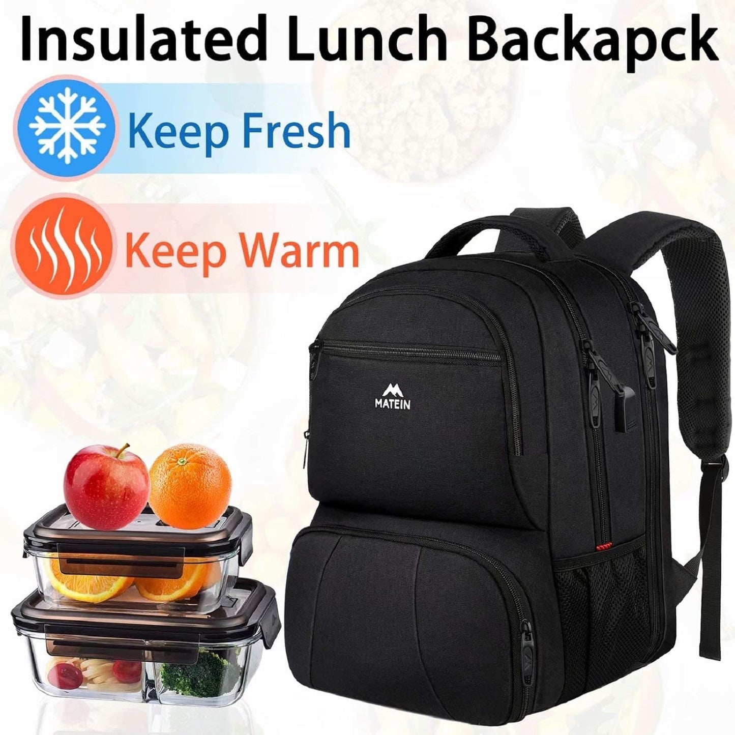 MATEIN Lunch Backpack for Men Work, 17 Inch Insulated Cooler Backpack Lunch Box with USB Charging Port, Water Resistant Laptop Back Pack Computer Meal Prep Backpacks for Picnic College Travel, Black