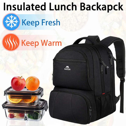 MATEIN Lunch Backpack for Men Work, 17 Inch Insulated Cooler Backpack Lunch Box with USB Charging Port, Water Resistant Laptop Back Pack Computer Meal Prep Backpacks for Picnic College Travel, Black