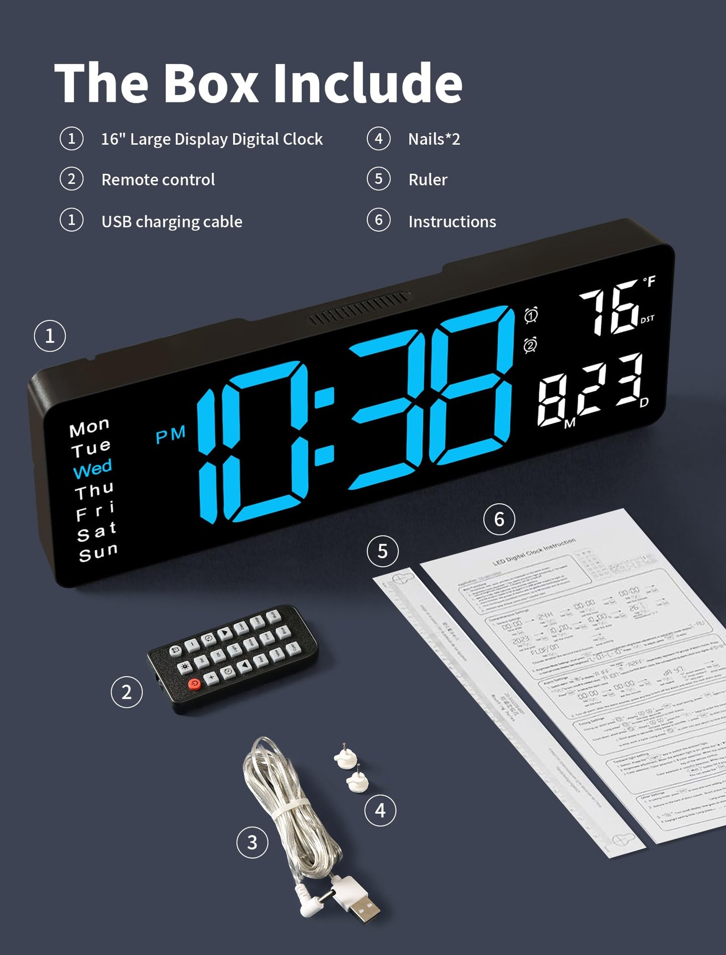 MASHI Digital Wall Clock, 16" Large Display Digital Clock with Remote Control, Auto-Dimming Wall Clock with Night Light, DST, Date Week,Temp for Living Room, Bedroom, Decor, Gift for Elderly