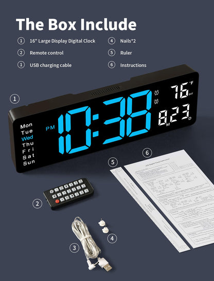 MASHI Digital Wall Clock, 16" Large Display Digital Clock with Remote Control, Auto-Dimming Wall Clock with Night Light, DST, Date Week,Temp for Living Room, Bedroom, Decor, Gift for Elderly