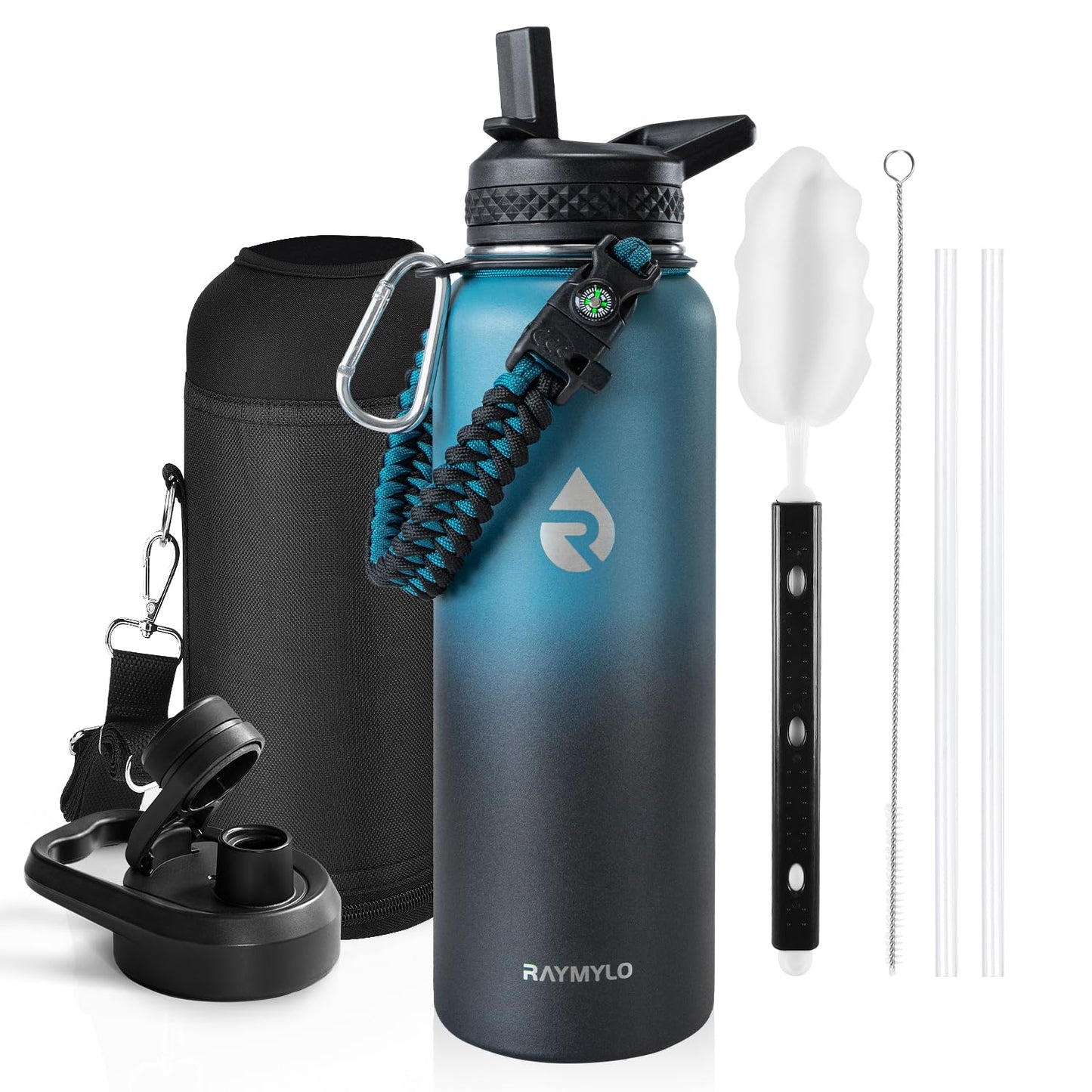 RAYMYLO Insulated Water Bottle 40 oz, Triple Wall Vacuum Stainless Steel (Cold for 48 Hrs), Leak Proof & Non-BPA, Modern Water Flask Jug with Paracord Handle & Straw Spout Lids, Indigo/Black