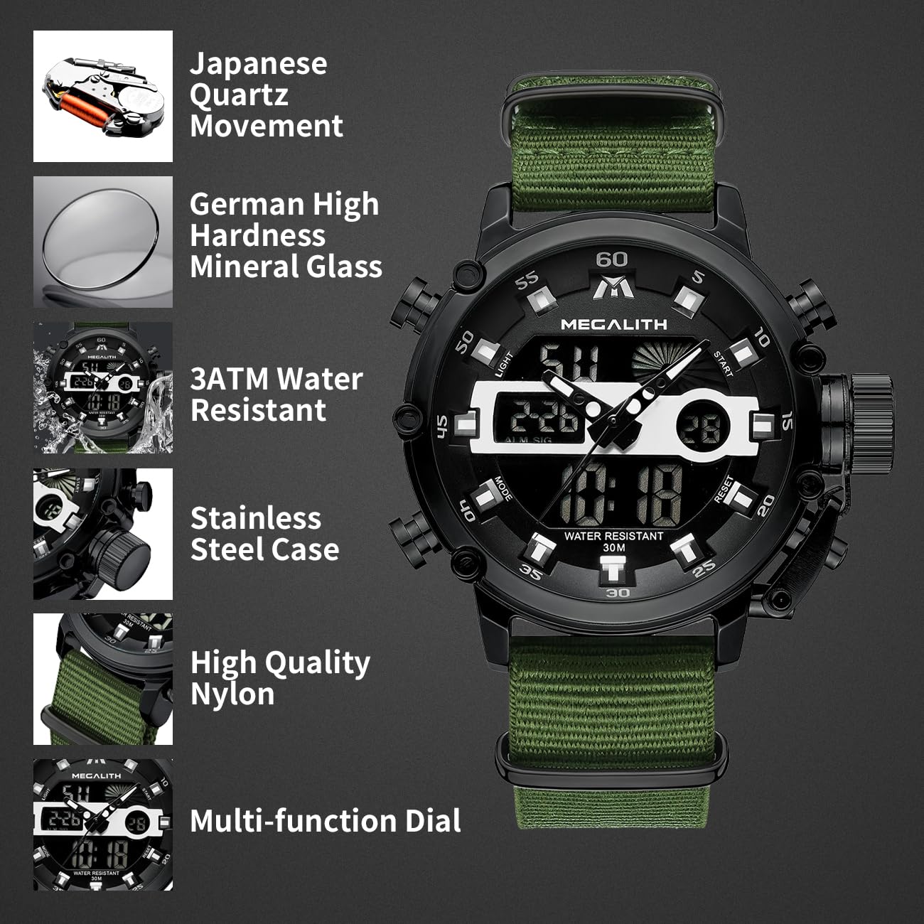 MEGALITH Mens Watches with Nylon Waterproof Digital Military Sport Tactical Multifunction Heavy Duty Led Black Watch for Men, Alarm Stopwatch