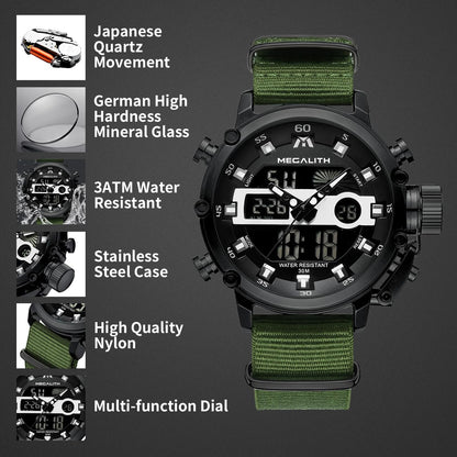 MEGALITH Mens Watches with Nylon Waterproof Digital Military Sport Tactical Multifunction Heavy Duty Led Black Watch for Men, Alarm Stopwatch