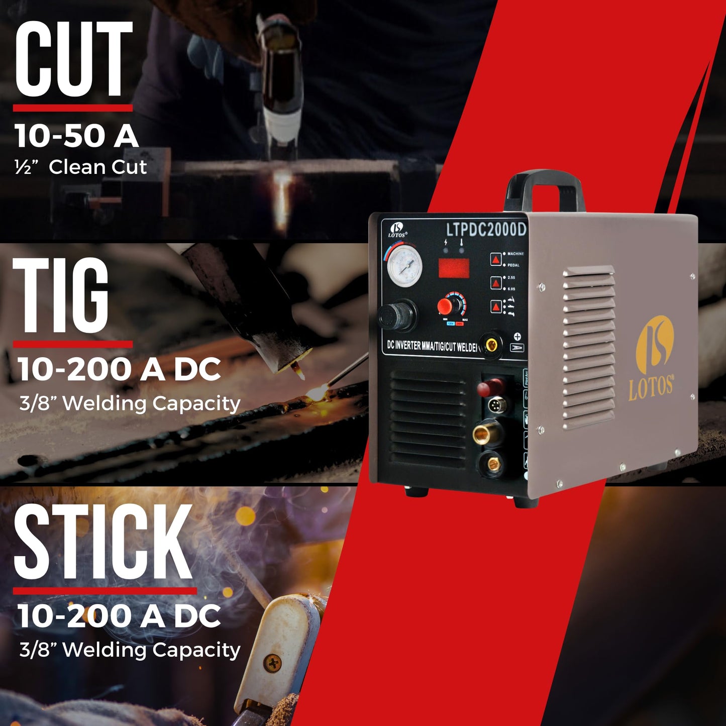 LOTOS LTPDC2000D 2024 Upgraded 3 in 1 Plasma Cutter TIG Sitck Welder Combo, 5/8" 16mm Clean Cut 3/4" 20mm Severance Cut 50A Non-Touch Pilot Arc Plasma Cutting Machine, 200A Tig & Stick Welder, Brown