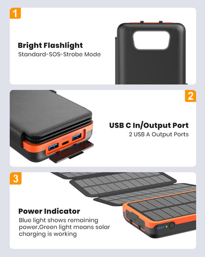 Hiluckey Solar Charger 27000mAh Power Bank 22.5W Fast Charging Portable Phone Charger with 4 Solar Panels USB C PD External Battery Pack with 3 USB Outputs for Cellphone Tablet