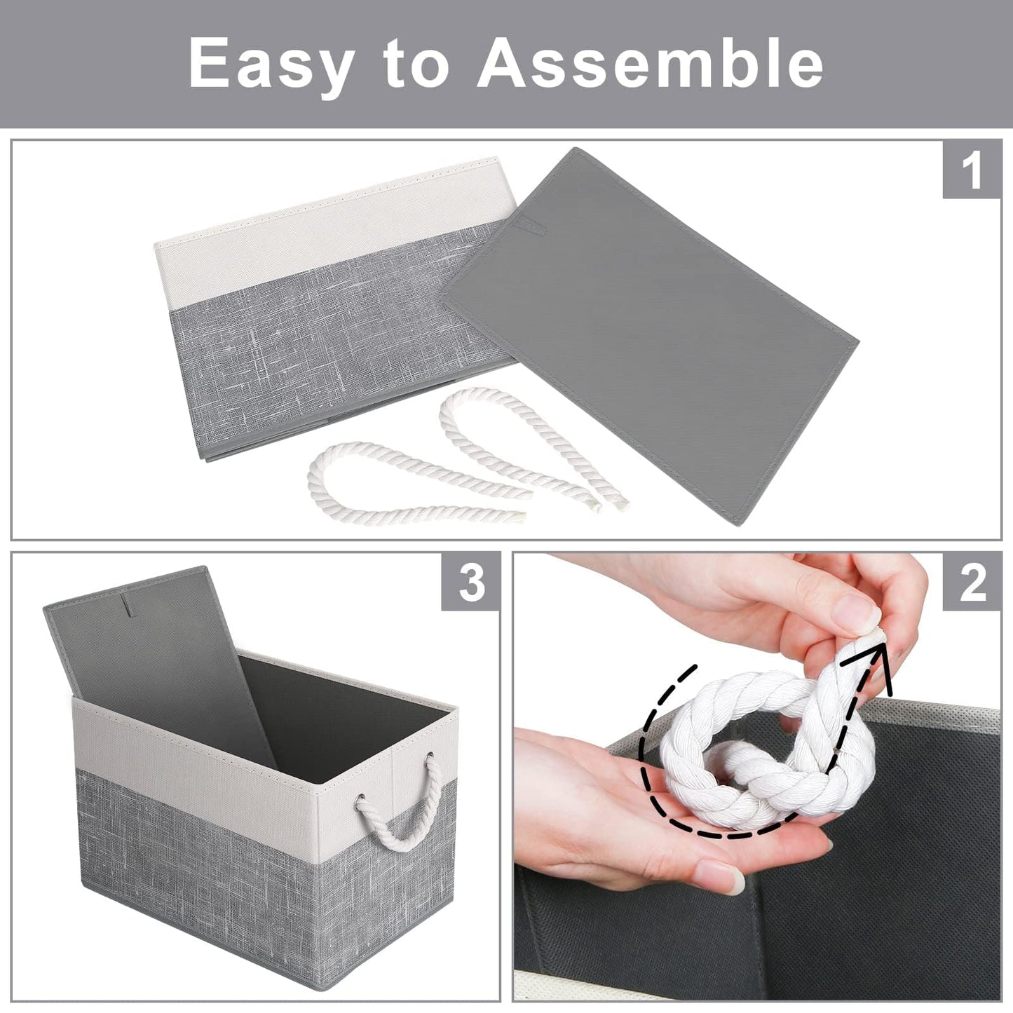 Fab totes Storage Bins [3-Pack], Foldable Storage Baskets for Organizing Toys, Books, Shelves, Closet, Large Storage Box with Rope Handles, Sturdy Organizer Bins, White & Grey