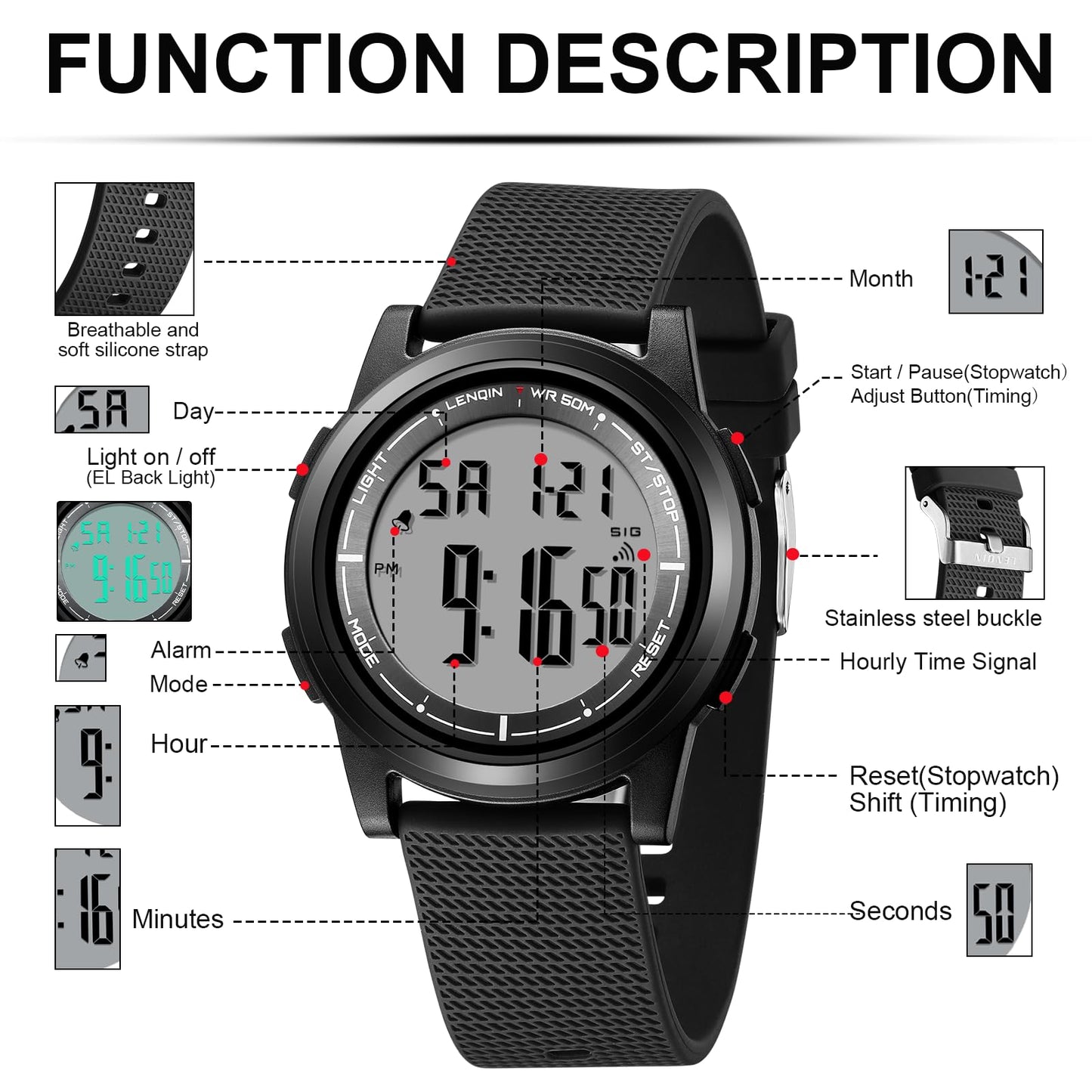 HANPOSH Mens Digital Watch Ultra Thin Minimalist Sports Waterproof Outdoor LED Screen Large Face Wrist Watches for Men with Back Light Alarm Date Stopwatch