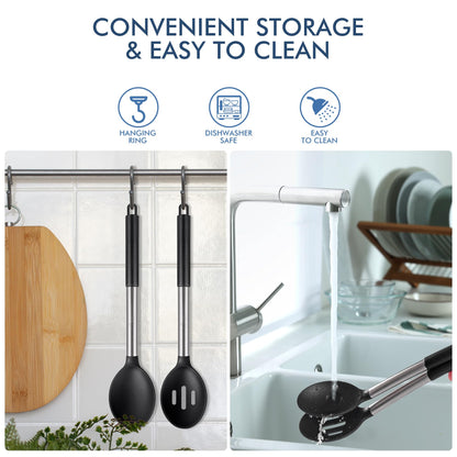 HOTEC 446°F Heat Resistant Large Silicone Cooking Spoon, BPA Free Solid Slotted Spoons, Nonstick Kitchen Cookware Utensils, Mixing, Serving, Stiring Large Spoons, Black