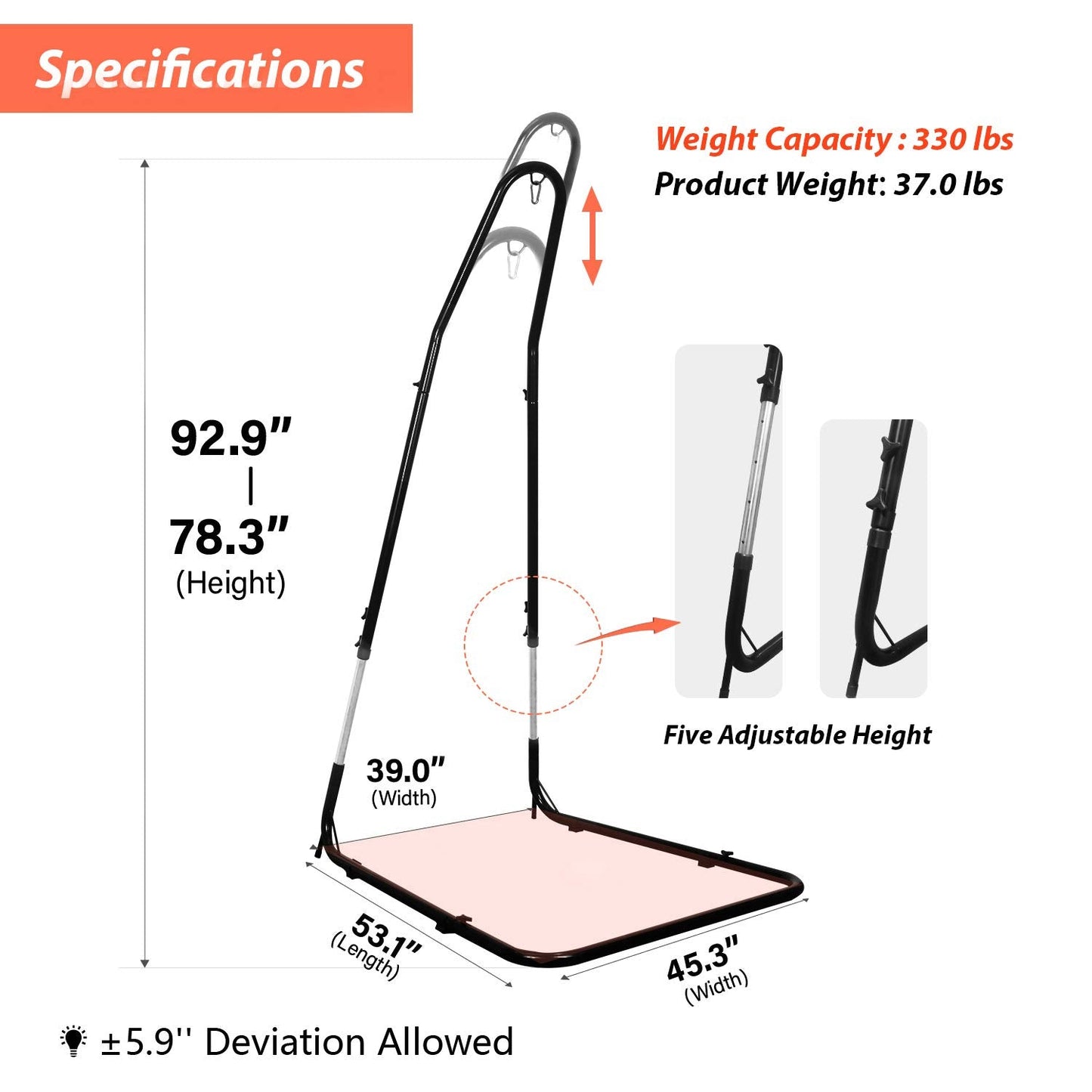 Hammock Chair Stand Only, Adjustable Height 79-93 Inch, 330 Lb Capacity, Heavy Duty Stand for Hammock Chair Solid Steel Structure Hanging Chair Stand with Powder Coated Finish, Indoor/Outdoor
