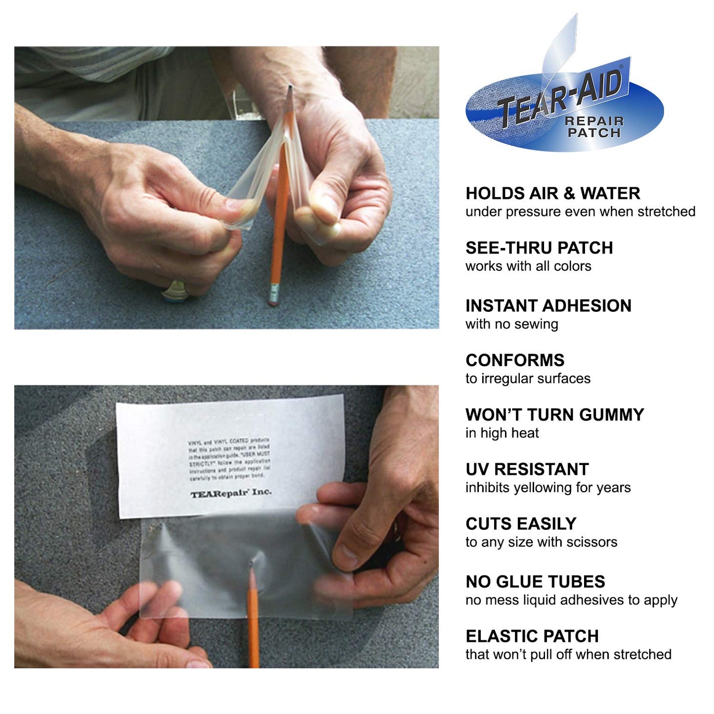 TEAR-AID Vinyl Repair Kit, Type B Clear Patch for Vinyl and Vinyl-Coated Materials, Works on Vinyl Tents, Awnings, Air Matresses, Pool Liners & More, Green Box, 2 Pack