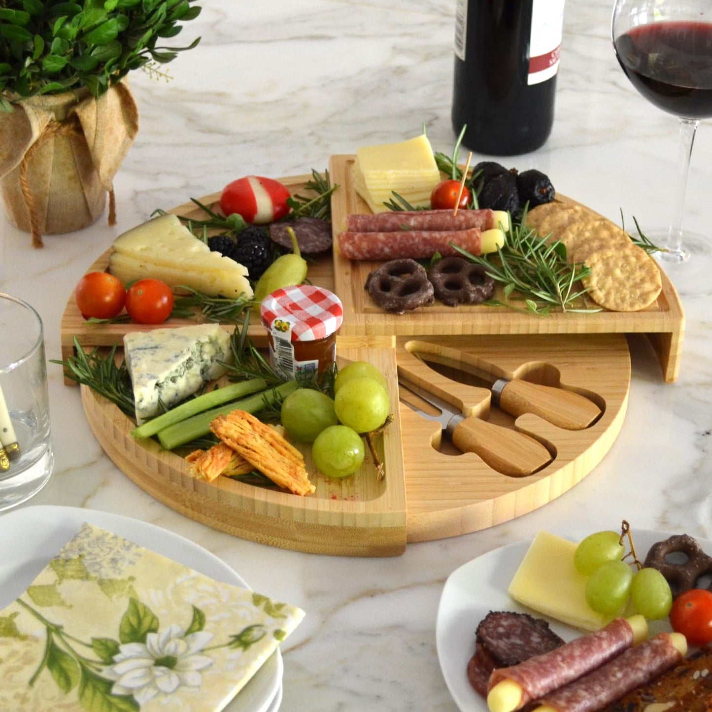 Picnic at Ascot Patented Bamboo Cheese Board/Charcuterie Serving Platter - Stores as a Compact Wedge- Opens to 13" Diameter - Designed & Quality Checked in USA