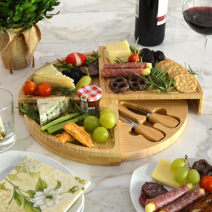 Picnic at Ascot Patented Bamboo Cheese Board/Charcuterie Serving Platter - Stores as a Compact Wedge- Opens to 13" Diameter - Designed & Quality Checked in USA
