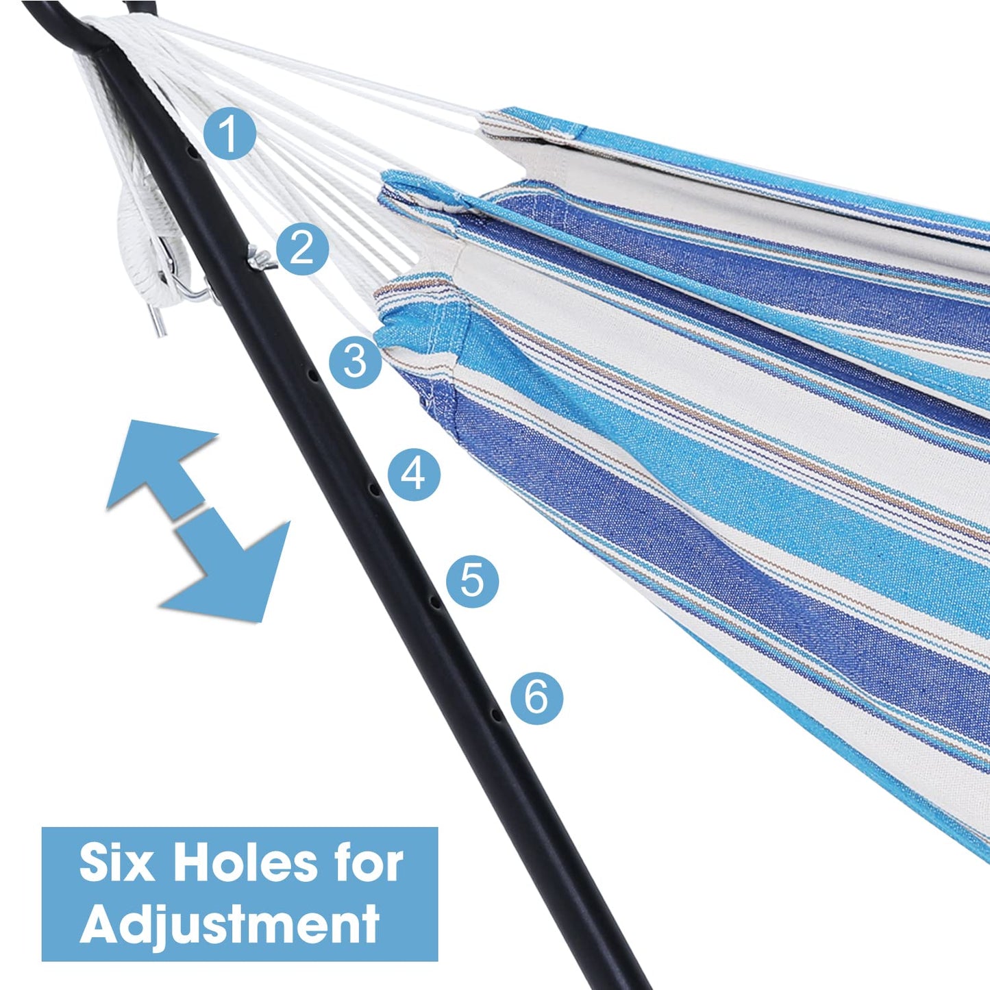 OUTDOOR WIND 550lbs Capacity Double Hammock Adjustable Hammock Bed with 10ft Heavy Duty Steel Stand Includes Portable Carrying Case, Easy Set up Blue Pinstrip B