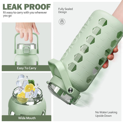 MUKOKO Half Gallon/64 oz Glass Water Bottles with Straw and Lid,Motivational Water Jug with Time Marker Reminder and Silicone Sleeve,100% Leakproof BPA Free Fitness Sports Large Bottle-Green