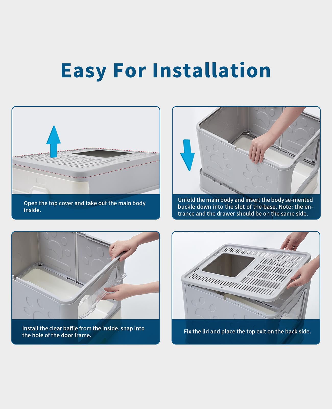 Medario Cat Litter Box with Litter Mat and Scoop, Large Foldable Litter Box with Lid, Front Entry Top Exit Kitty Box, Odor Control, Easy to Clean (Grey)