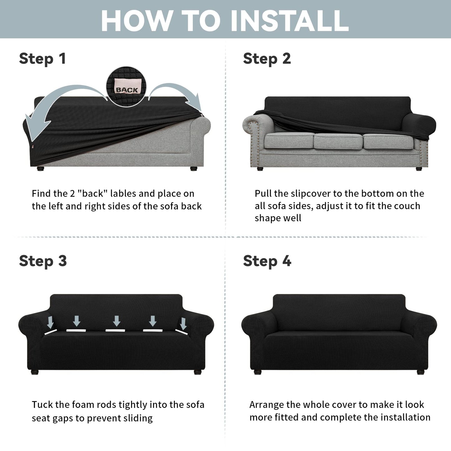 LURKA Stretch Sofa Slipcovers Couch Covers for 3 Cushion Couch Sofa Pet Friendly Non Slip Sofa Cover Washable Furniture Protector with Elastic Bottom (Large, Black)