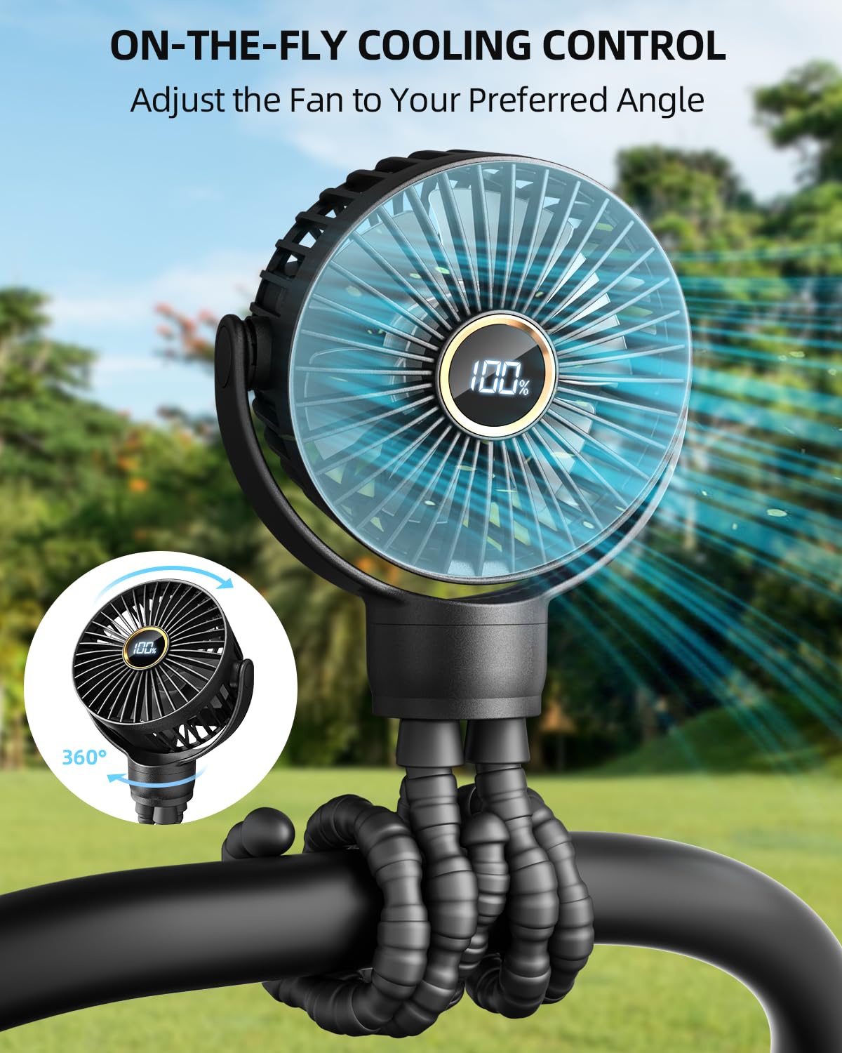 Portable Stroller Mini Fan, Small Rechargeable Personal Fan, Baby Travel Essentials for Wagon, Car Seat, Treadmill, Battery Powered Biking Gear Accessories, 360° Rotation, 3-Speed, Display, Black