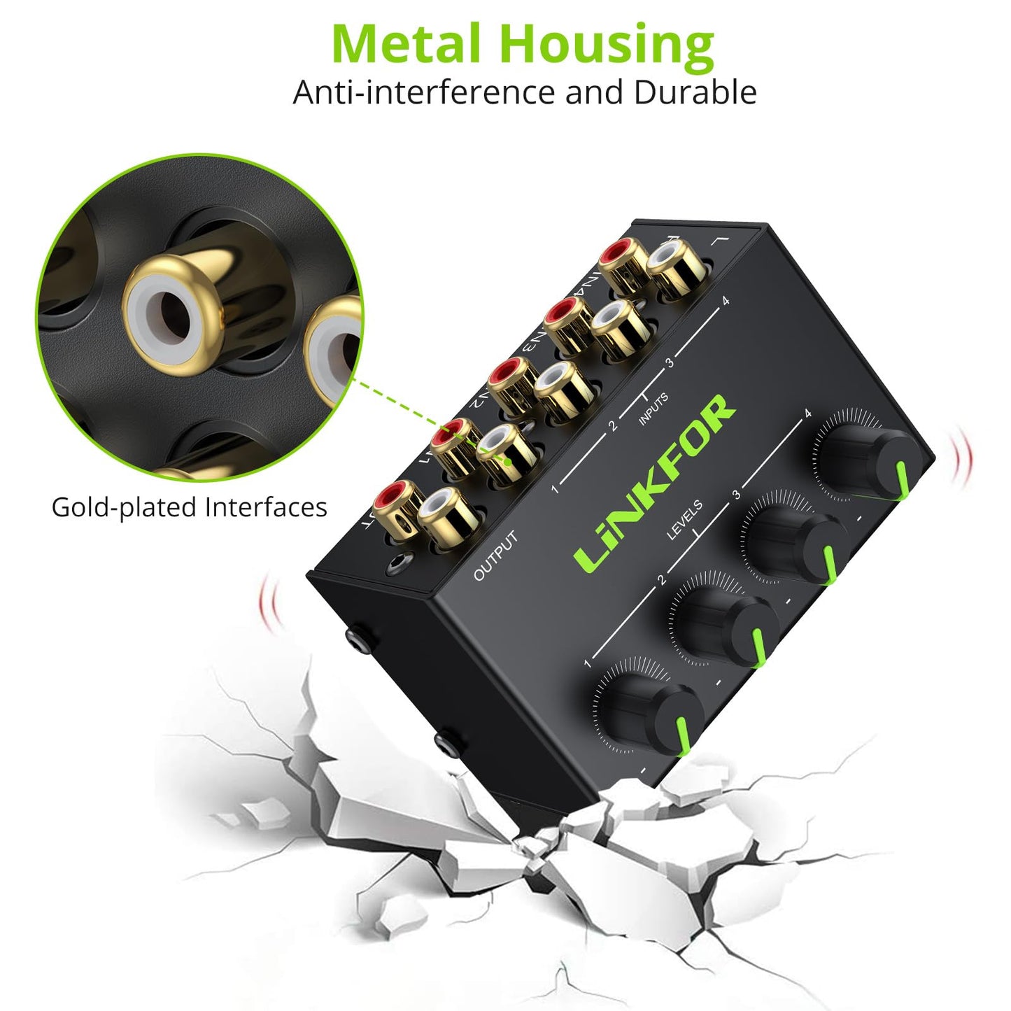 LiNKFOR 4 Channel Stereo Audio Mixer CX400 Metal Shell Support RCA Input and Output Mini Passive Stereo Mixer with Separate Volume Controls