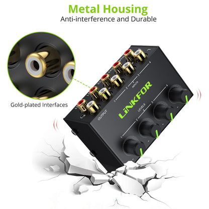LiNKFOR 4 Channel Stereo Audio Mixer CX400 Metal Shell Support RCA Input and Output Mini Passive Stereo Mixer with Separate Volume Controls