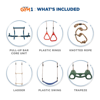 Gym1 6-Piece Doorway Gym Indoor Playground - 6-Piece, Blue - Indoor Playset with Sensory Swing, Pull-Up Bar & Rings, Trapeze, Ladder & Knotted Rope