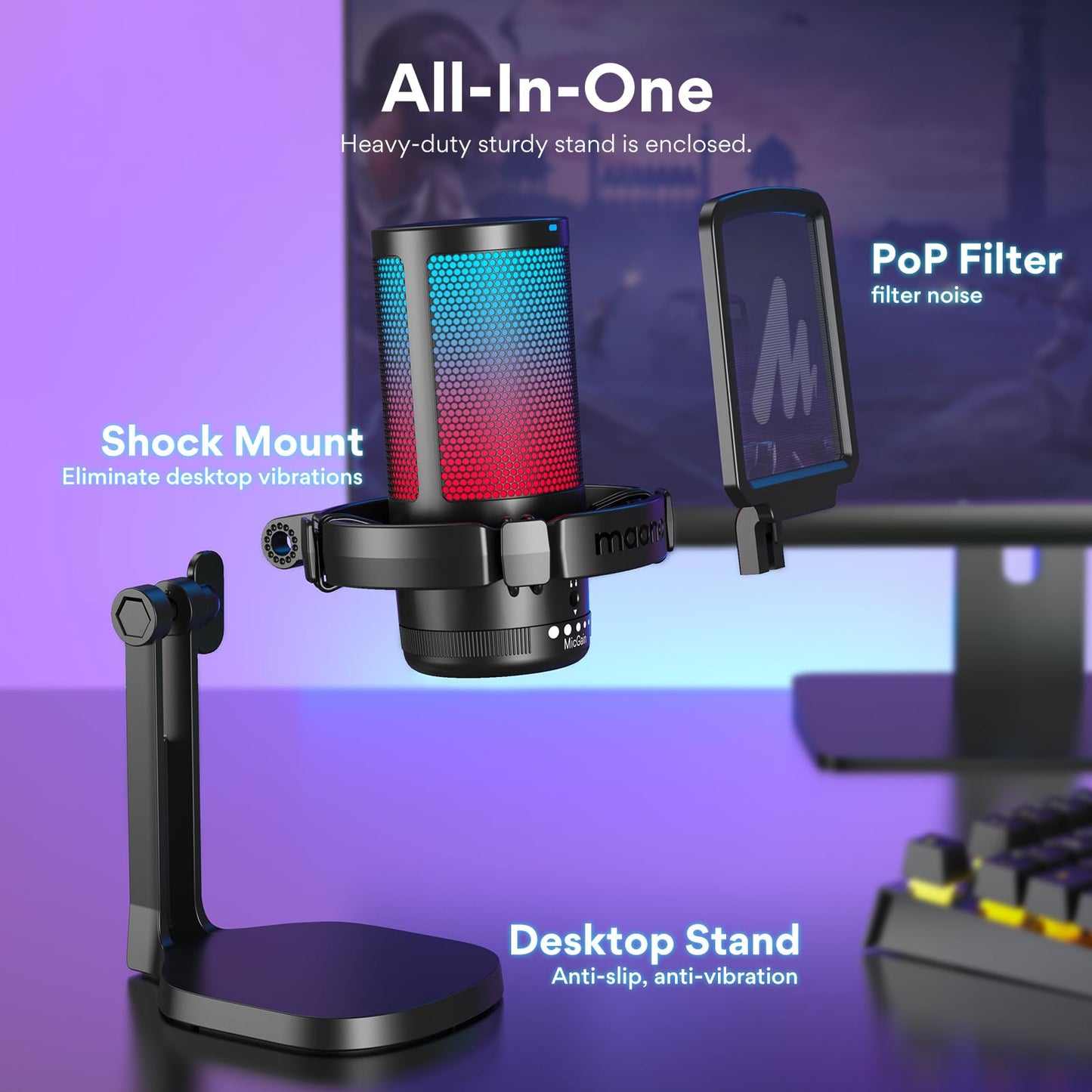 MAONO USB Gaming Microphone for PC, Noise Cancellation Condenser Mic with RGB Lights, Mute, Gain for Streaming, Recording, Podcast, Chat, Twitch, YouTube, Discord, Computer, PS5, PS4, GamerWave