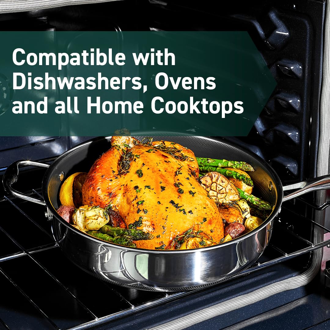 HexClad Hybrid Nonstick 5.5-Quart Deep Sauté Pan with Tempered Glass Lid, Stay-Cool Handle, Dishwasher-Friendly, Oven-Safe Up to 900°F, Induction Ready, Compatible with All Cooktops