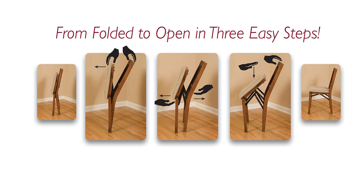 MECO Stakmore School House Wooden Folding Chairs with Padded Seats, Set of 2 - No Assembly Foldable Dining Chairs, Steel Folding Mechanism, Upholstered Cushion, Space-Saving, Fruitwood Frame