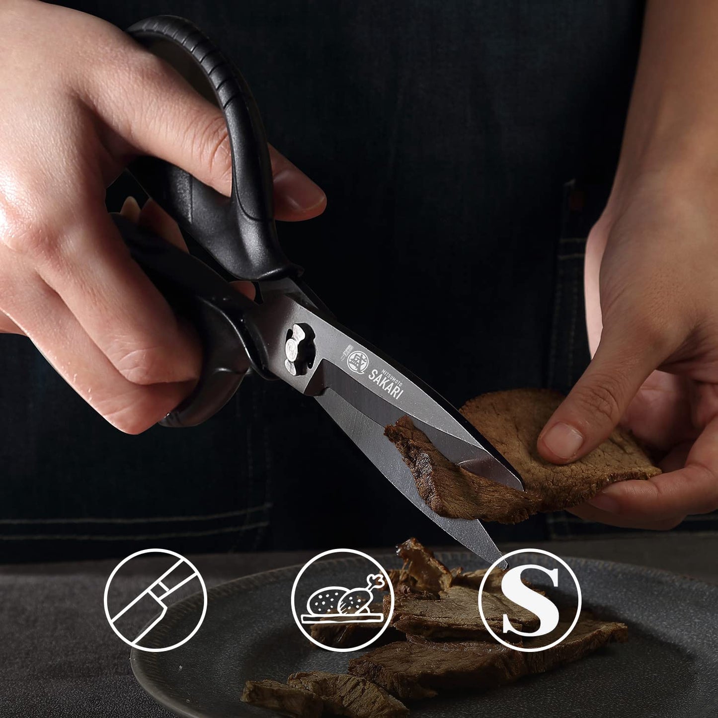 MITSUMOTO SAKARI Japanese Kitchen Scissors, All Purpose, Black Titanium Plated Heavy Duty, Multipurpose Cooking and Herb Scissors with Micro Serrated Edge