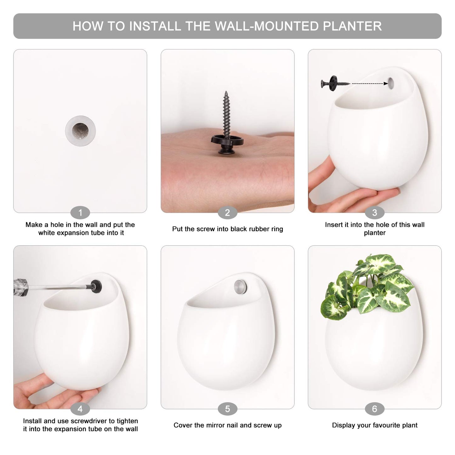 Mkono 4 Inch Wall Mounted Planter Round Ceramic Hanging Plant Holder Decorative Flower Display Vase Succulent Pots for Indoor Plants, Set of 3, White (Plants NOT Included)