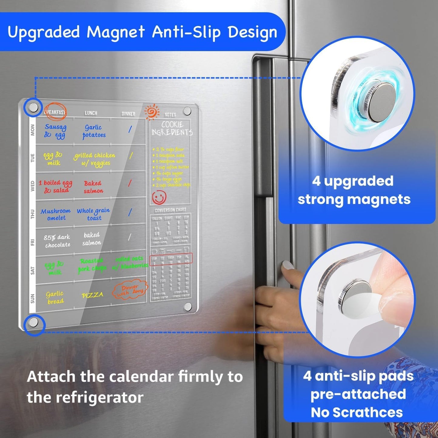 3-in-1 Magnetic Acrylic Meal Planner for Fridge - Clear Weekly Dry Erase Menu Board, Breakfast Lunch Dinner Daily Planner, Healthy Diet Organizer for Kids Teens Family, w/ 6 Markers, 9.5"x12"