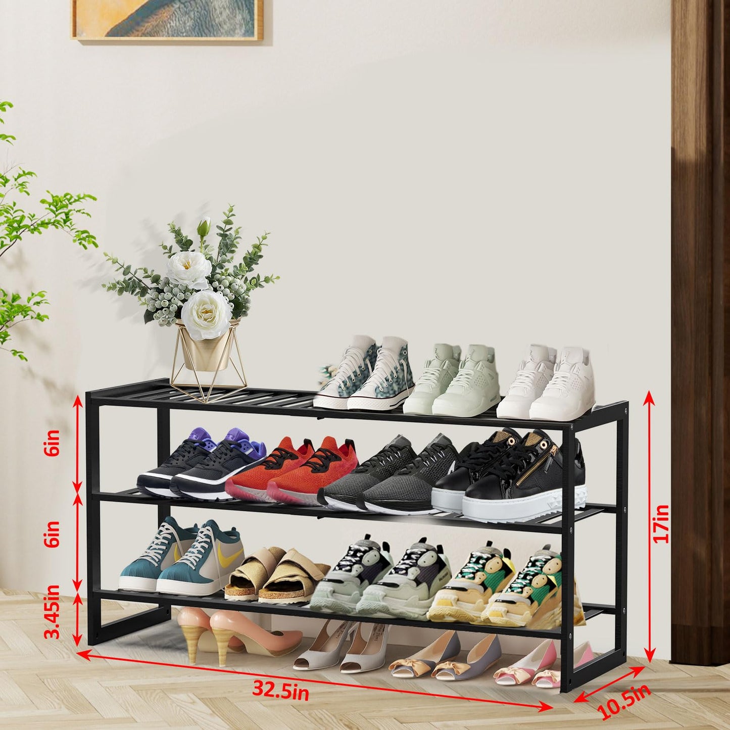 Jripae Bamboo Shoe Rack for Closet, Stackable 3 Tier Longer Shoe Organizer Shelf Holder Storage 12-15 Pairs for Entryway Door Hallway Bedroom Garage Space Saving Foldable Black