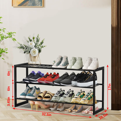 Jripae Bamboo Shoe Rack for Closet, Stackable 3 Tier Longer Shoe Organizer Shelf Holder Storage 12-15 Pairs for Entryway Door Hallway Bedroom Garage Space Saving Foldable Black