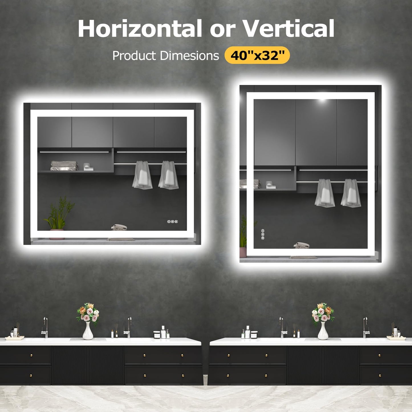 Hivone 40X32 LED Bathroom Mirror with Lights, Anti-Fog, Dimmable, Backlit + Front Lit, Smart Bathroom Vanity Mirror, Memory Function, Shatterproof, Tempered Glass (Horizontal/Vertical)