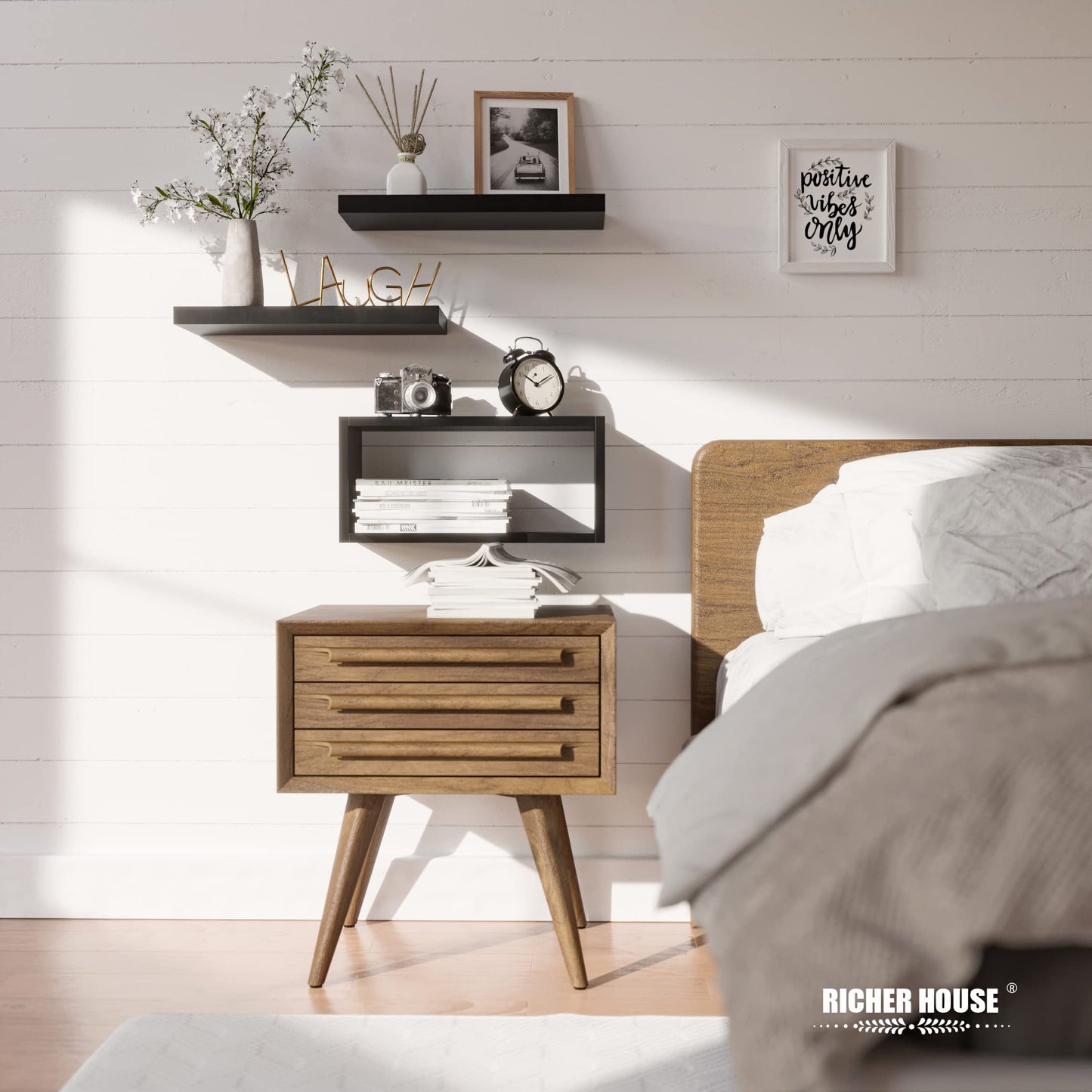 RICHER HOUSE Black Floating Shelves Set of 3, Rustic Wall Mounted Shelves with Invisible Brackets Over Toilet for Bathroom, Bedroom, Living Room, Kitchen