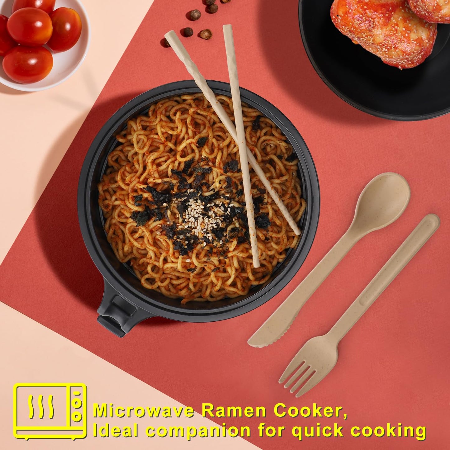 Ramen Bowl Set of 2, Ramen Cooker 33 oz, Ramen Bowls with Chopsticks and Spoon, Microwave Pasta Cooker, Ramen Bowl Microwave Gift College Dorm Essentials for Girls Guys (Black)