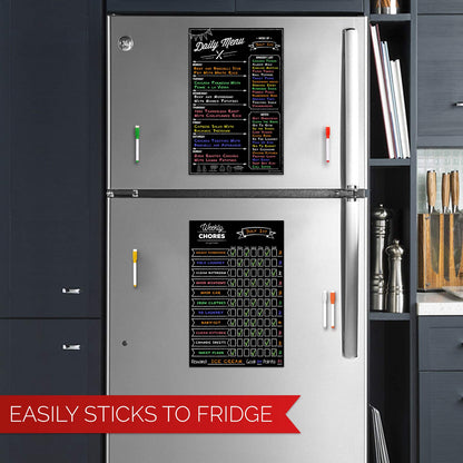 Magnetic Dry Erase Chore Chart and Menu Board Set for Kitchen Fridge - 11" x 17" Responsibility & Behavior Refrigerator Reward Incentive for Kids - 11" x 17" Weekly Meal Planner Blackboard