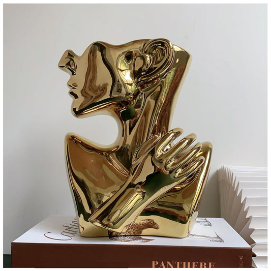 FUNSOBA Ceramics Statue Flower Vase Face Pots Bust Head Shaped for Birthday Gifts Home Office Decoration (Gold)