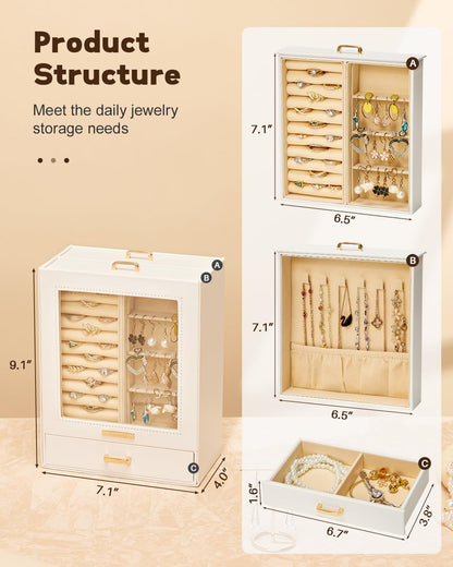 Homde Jewelry Organizer Girls Women Jewelry Box for Necklaces Rings Earrings Gift Bracelets Storage Case (White + Gold)