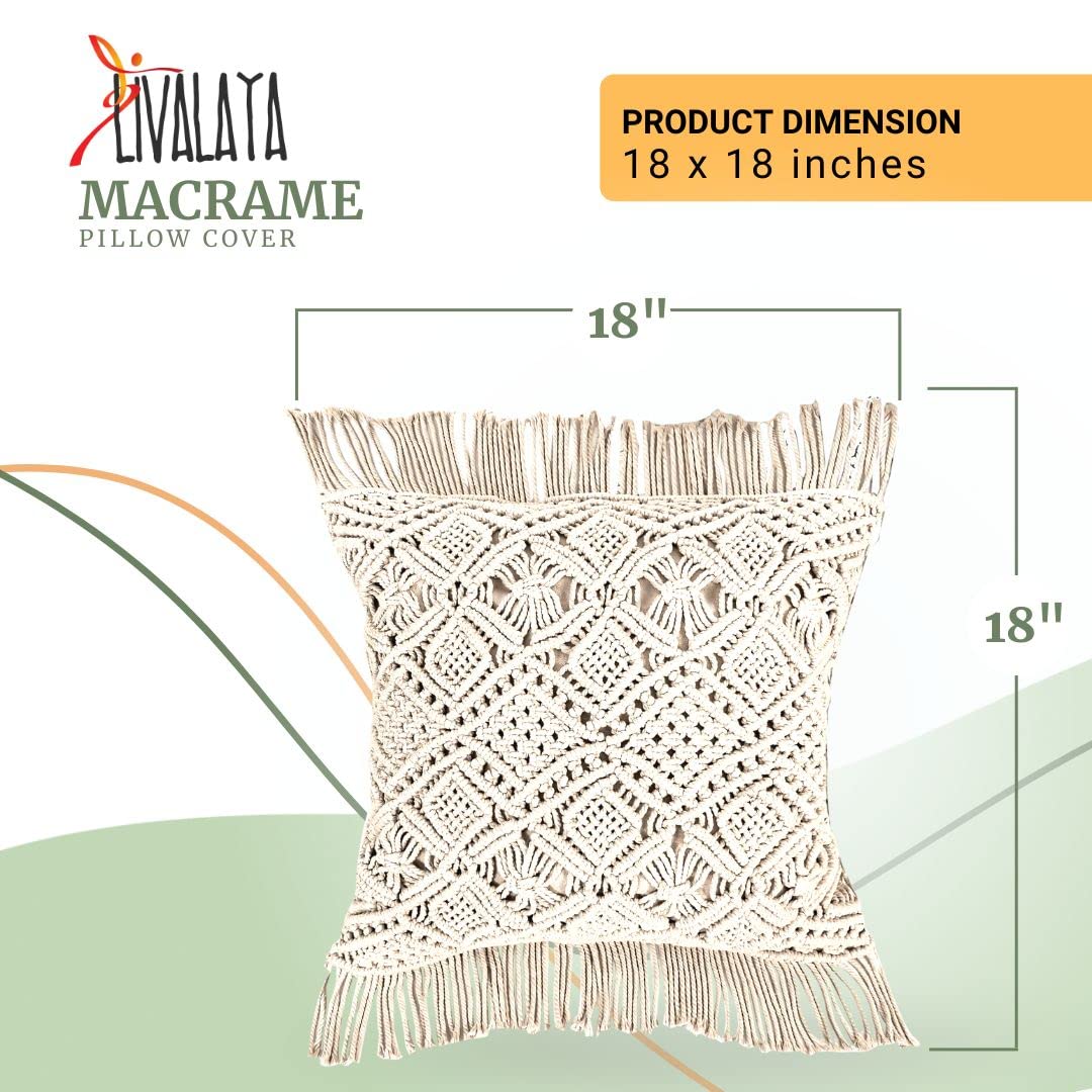 LIVALAYA Macrame Pillow Covers - Set of 2 Ivory Boho Throw Pillow Covers, Farmhouse Woven Bohemian Pillow Cover with Tassels for Bed Couch, Boho Decor Pillows, Decorative Cases for 18 inch Insert