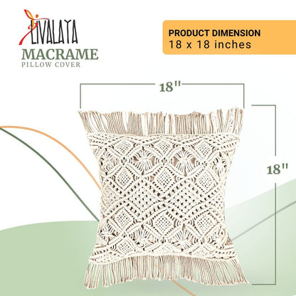 LIVALAYA Macrame Pillow Covers - Set of 2 Ivory Boho Throw Pillow Covers, Farmhouse Woven Bohemian Pillow Cover with Tassels for Bed Couch, Boho Decor Pillows, Decorative Cases for 18 inch Insert