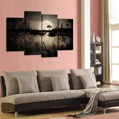 KREATIVE ARTS - 4 Pieces Canvas Prints Wall Art Big Moon over Lake in Dark Forest Modern Canvas Painting Landscape Picture Peaceful Jungle Poster Giclee Artwork For Home Decor