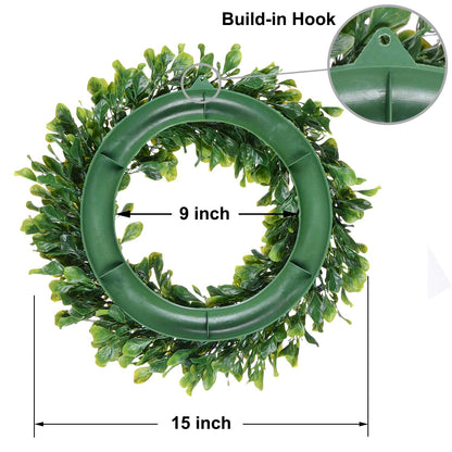 Lvydec Artificial Green Leaves Wreath - 15" Boxwood Wreath Outdoor Green Wreath for Front Door Wall Window Party Décor