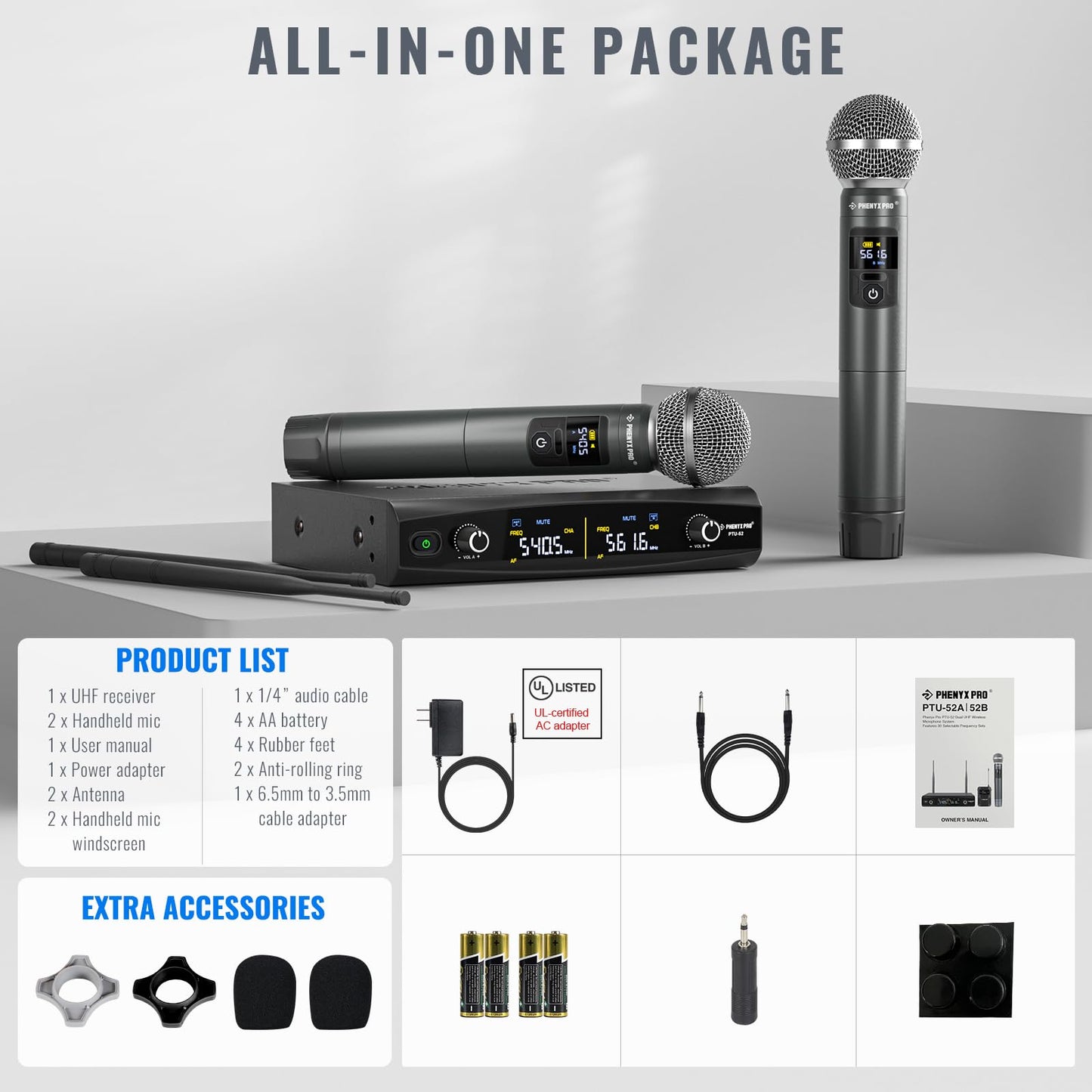 Phenyx Pro Wireless Microphone System, Metal Wireless Mic Set, Handheld Cordless Dynamic Microphones for Singing, Karaoke, Church, 2x30 UHF Tunable Frequencies,200 ft Range (PTU-52-2H)