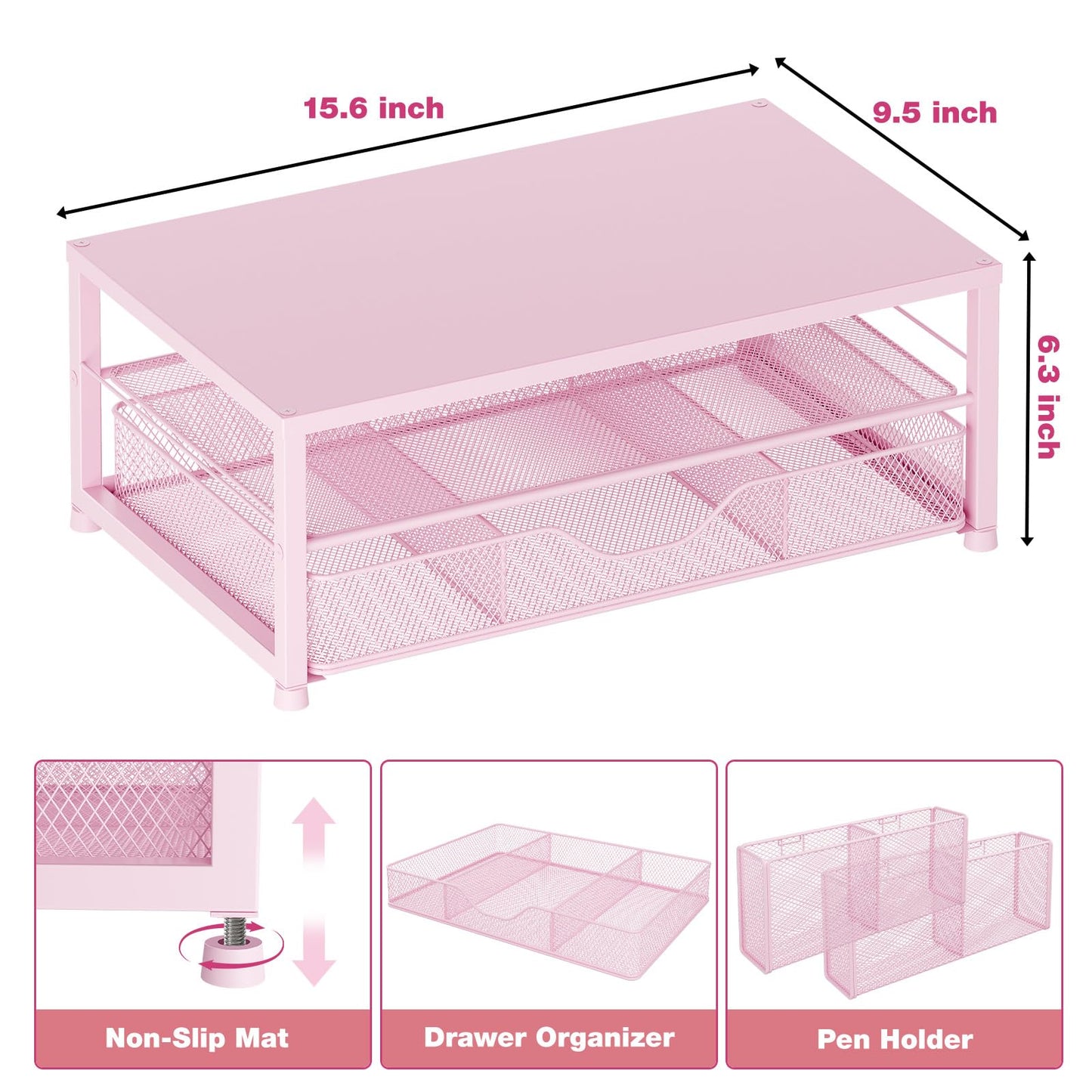 OPNICE Desk Organizers and Accessories, 2-Tier Computer Monitor Stand Riser with Drawer and 2 Pen Holders, Laptop Stand, Office Desk Accessories for Office Supplies, Pink