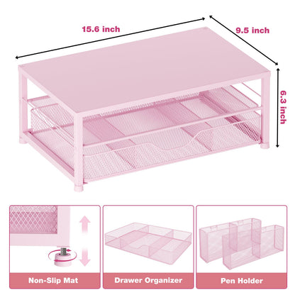 OPNICE Desk Organizers and Accessories, 2-Tier Computer Monitor Stand Riser with Drawer and 2 Pen Holders, Laptop Stand, Office Desk Accessories for Office Supplies, Pink