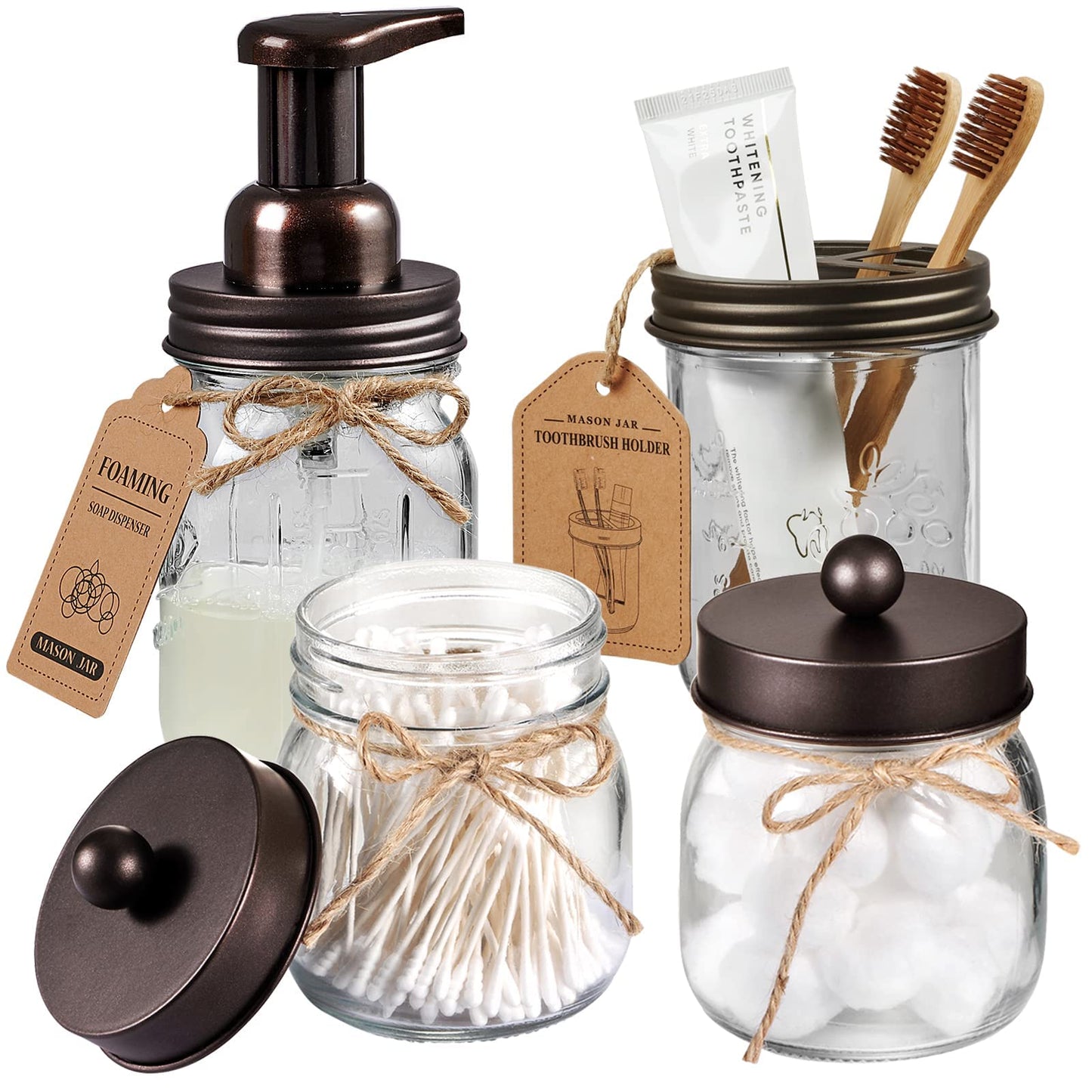 Amolliar Mason Jar Bathroom Accessories Set 4 Pack - Foaming Soap Dispenser&2 Qtip Holders&Toothbrush Holder-Rustic Farmhouse Decor Bathroom Organizer Apothecary Jar Country Countertop (Bronze)