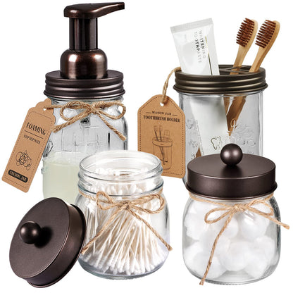 Amolliar Mason Jar Bathroom Accessories Set 4 Pack - Foaming Soap Dispenser&2 Qtip Holders&Toothbrush Holder-Rustic Farmhouse Decor Bathroom Organizer Apothecary Jar Country Countertop (Bronze)