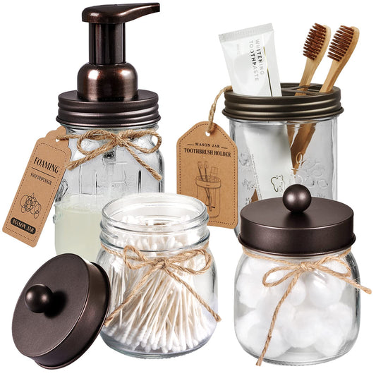 Amolliar Mason Jar Bathroom Accessories Set 4 Pack - Foaming Soap Dispenser&2 Qtip Holders&Toothbrush Holder-Rustic Farmhouse Decor Bathroom Organizer Apothecary Jar Country Countertop (Bronze)