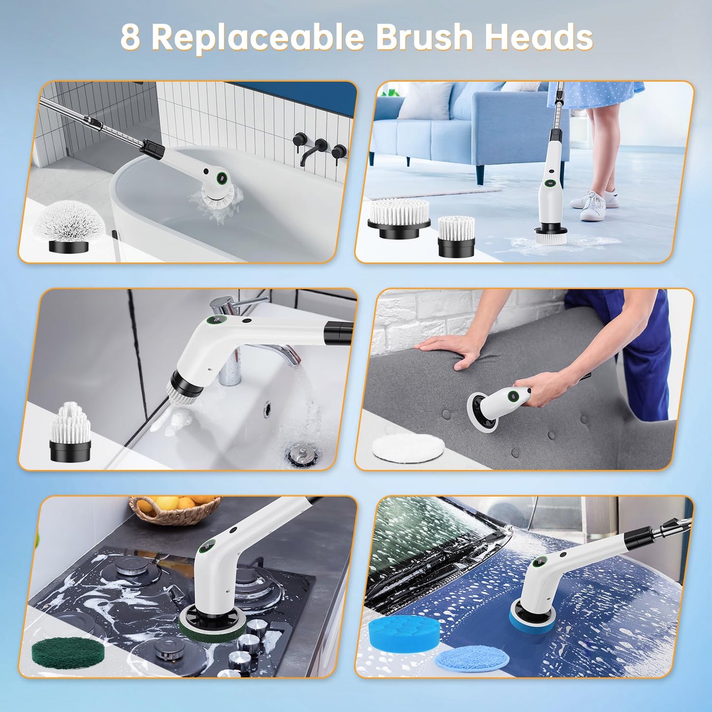 PUFTEM Electric Spin Scrubber, Cordless Shower Scrubber with 8 Scrub Brush, 2 Speed with Adjustable Extension Handle, Battery Level Display, Power Scrubber for Bathroom Bathtub Tile Floor, Black